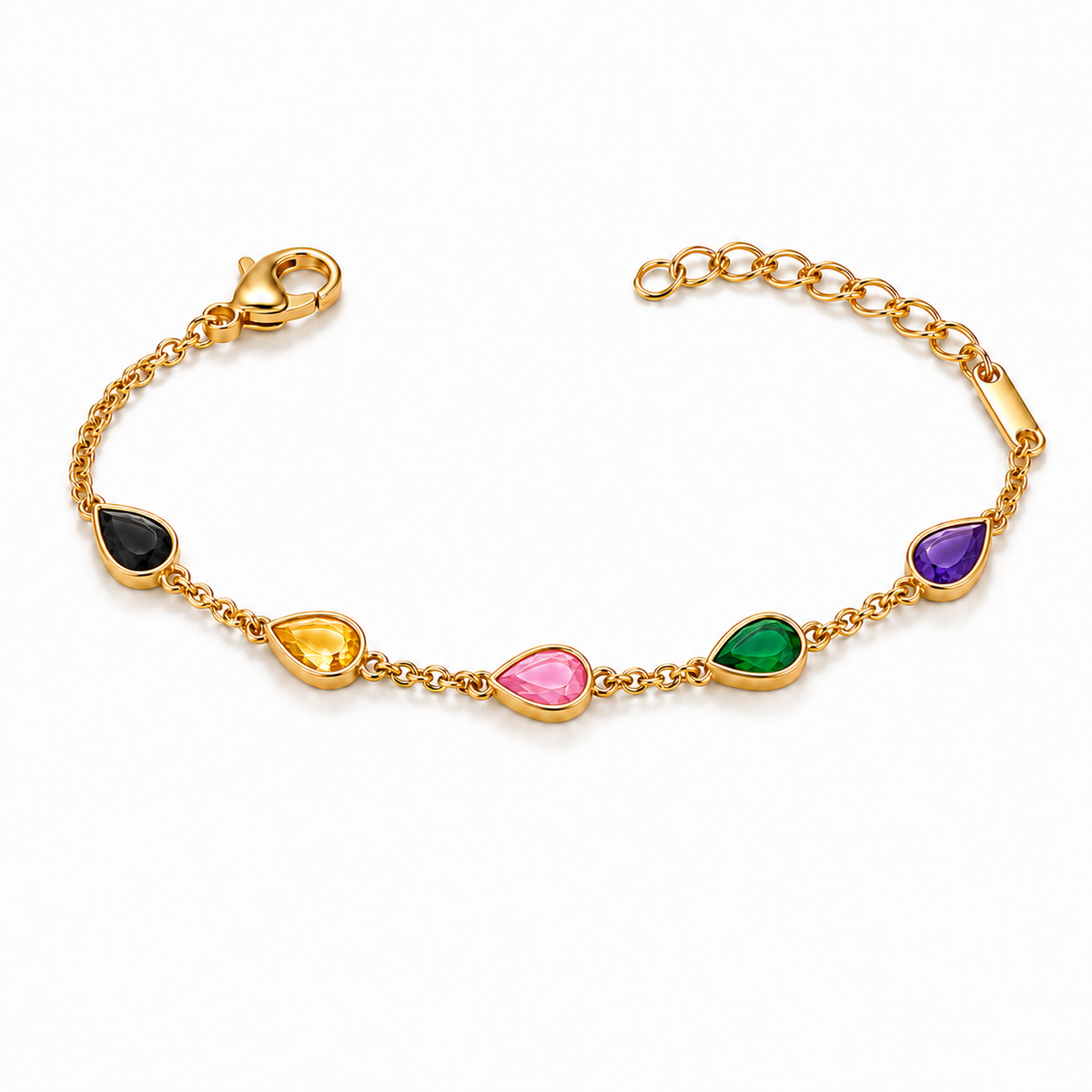 Gold Plated Multicolor Teardrop Stone Bezel Station Chain Bracelet with Lobster Clasp