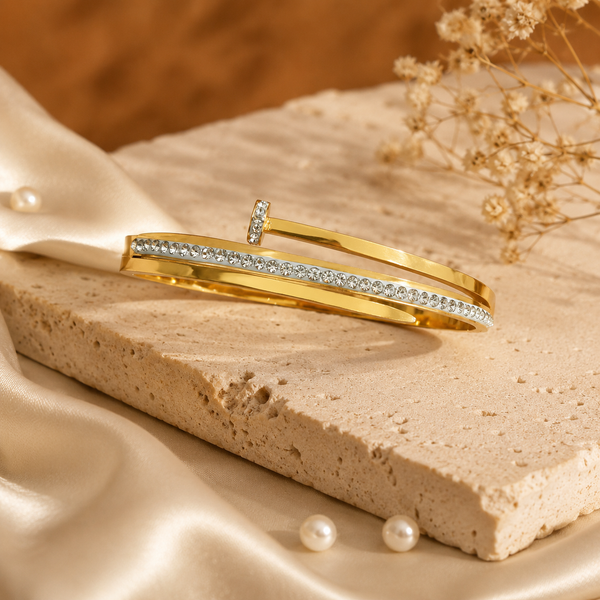 Kadas Gold-Tone Stone-Studded Kada with Textured Band for Women - House of Viya