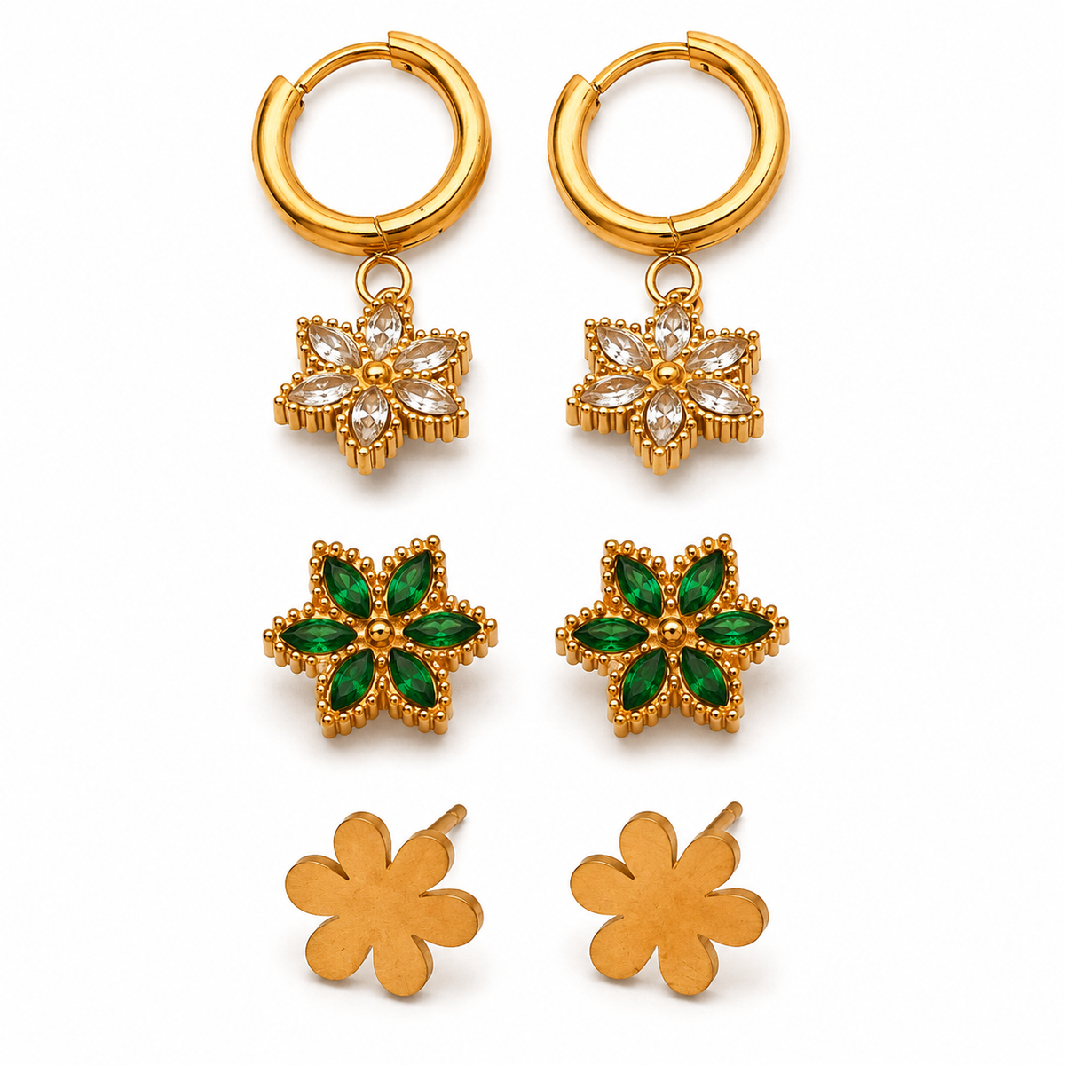 Earrings Floral Drop Hoop, Emerald Pave Flower & Gold Floral Stud Earrings Set of 3 Pairs