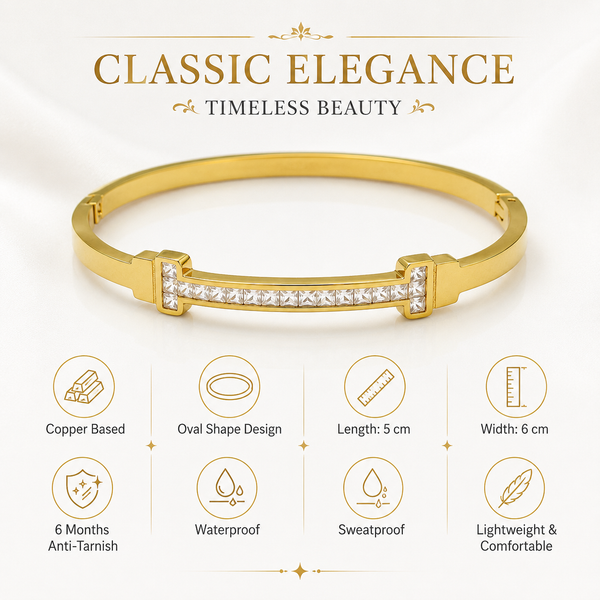 Gold Oval Bezel Diamond Accent Kada for Women | Ellipse Stone Stainless Steel Ladies Bangle | Sleek Festive Jewellery - House of Viya