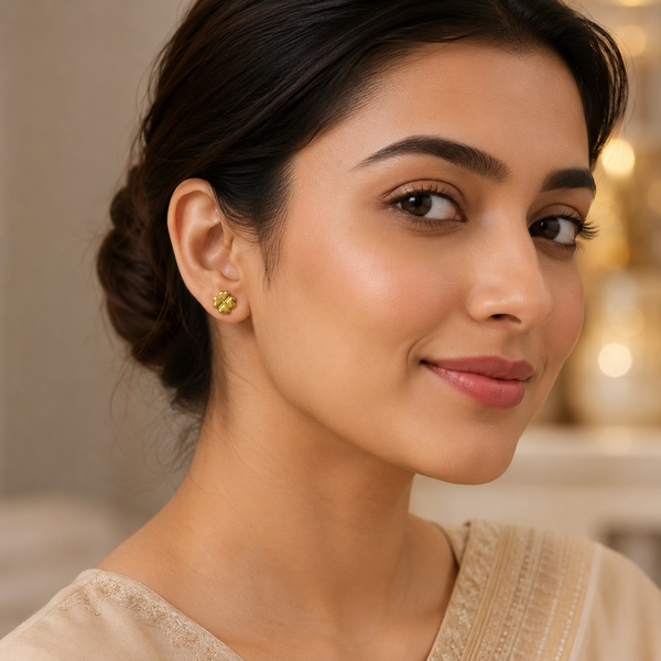 Earrings Gold Floral Cluster, Emerald Oval Drop & Textured Clover Stud Earrings Set of 3 Pairs
