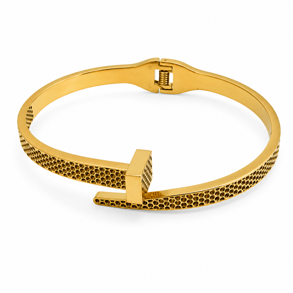 Gold Honeycomb Diamond Oval Kada for Women | Hexagonal Stone Pattern Stainless Steel Ladies Bangle | Geometric Luxury Jewellery - House of Viya