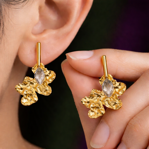 Woman wearing Anti-Tarnish Gold Plated Abstract Floral Crystal White Earrings - House of Viya