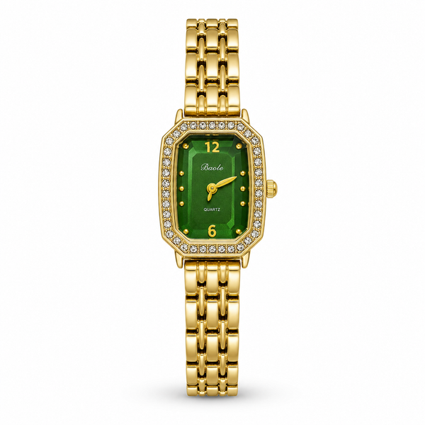 Watches Gold-Tone Rectangular Green Dial Crystal Studded Chain Bracelet Watch for Women - House of Viya