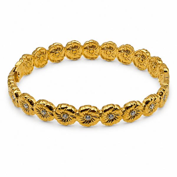Gold Large Round Flower Motif Diamond Center Oval Kada for Women | Floral Petal Stone Stainless Steel Ladies Bangle | Floral Festive Jewellery - House of Viya