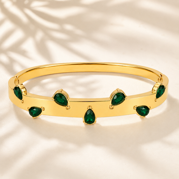Real Teardrop Pear Emerald Green Stone Gold Oval Kada for Women | Prong Set Gemstone Stainless Steel Ladies Bangle | Premium Stone Festive Jewellery - House of Viya