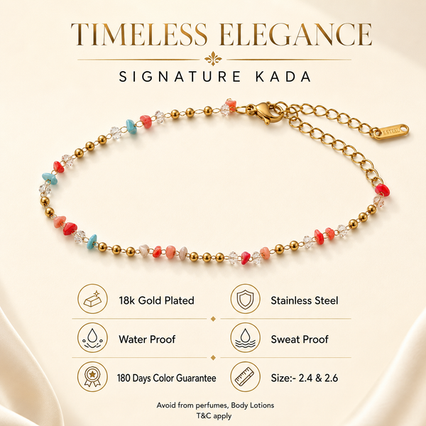 Gold Plated Pink Coral and Turquoise Bead Single Line Delicate Chain Bracelet with Lobster Clasp