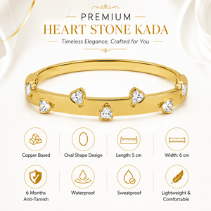 Real Heart Shaped White Stone Gold Oval Kada for Women | Bezel Heart Crystal Stainless Steel Ladies Bangle | Romantic White Stone Jewellery