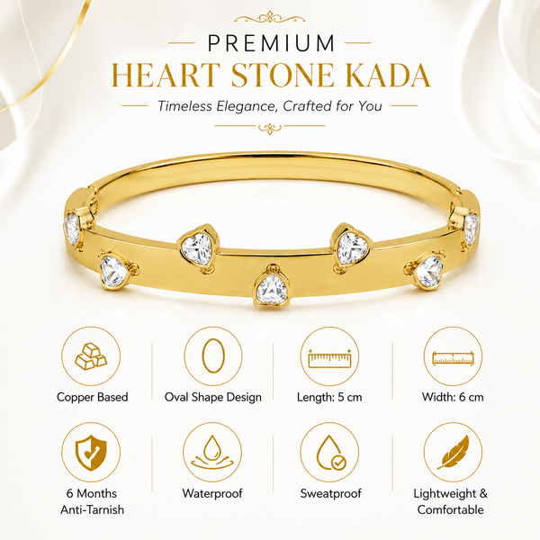 Real Heart Shaped White Stone Gold Oval Kada for Women | Bezel Heart Crystal Stainless Steel Ladies Bangle | Romantic White Stone Jewellery - House of Viya