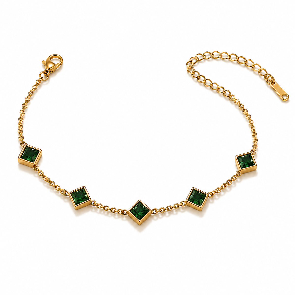 Gold Plated Green Diamond Shaped Rhombus Stone Station Chain Bracelet with Lobster Clasp