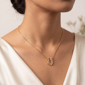 Gold Rectangular Leaf Vine CZ Pendant Chain Anti-Tarnish Necklace
