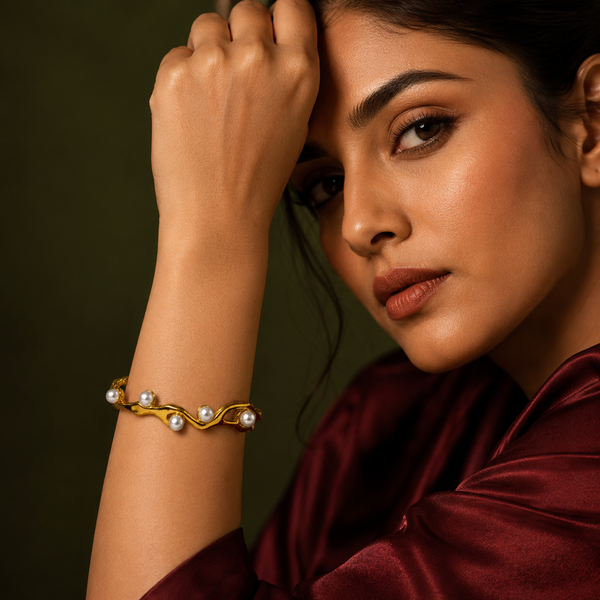 Kadas Gold-Tone Open Kada with Pearl-Accented Twisted Design for Women - House of Viya