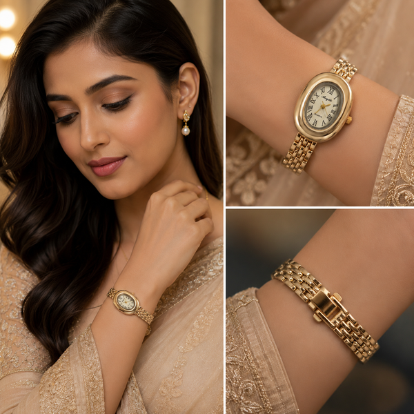 Watches Gold-Tone Oval Dial Roman Numeral Bracelet Watch for Women