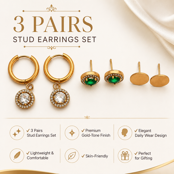 Earrings Halo Drop Hoop, Emerald Oval Bezel & Gold Oval Minimal Stud Earrings Set of 3 Pairs
