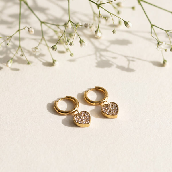 18K Gold Plated Pavé Heart Charm Hoop Earrings