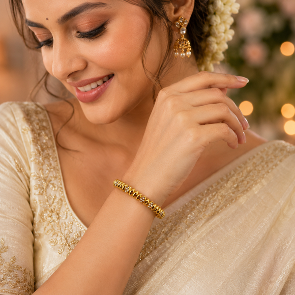 Gold Pyramid Diamond Stud All Around Oval Kada for Women | Pointed Geometric Stone Stainless Steel Ladies Bangle | Bold Festive Jewellery - House of Viya