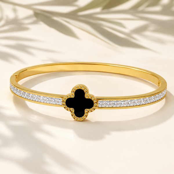 Gold Floral Cluster Diamond Oval Kada for Women | Petal Stone Stainless Steel Ladies Bangle | Flower Design Festive Jewellery - House of Viya