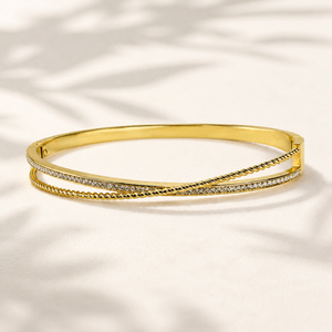 Gold Burnish Set Diamond Oval Kada for Women | Smooth Flush Stone Stainless Steel Ladies Bangle | Ultra Sleek Festive Jewellery