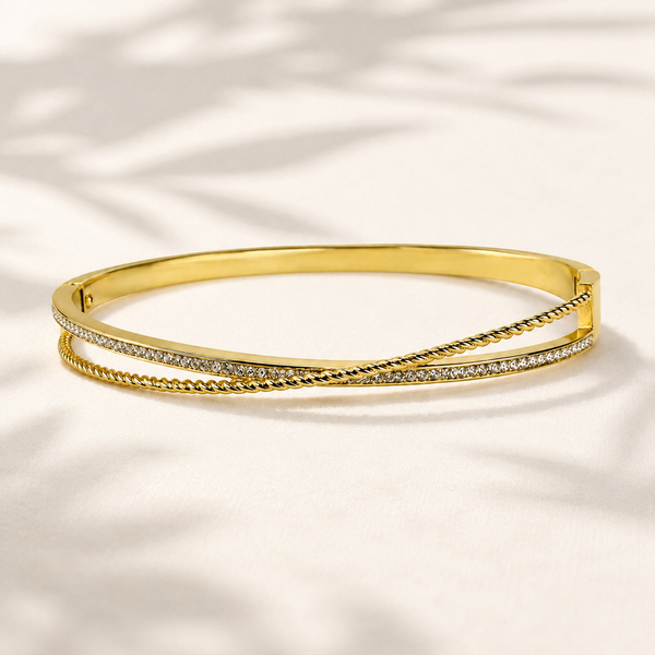 Gold Burnish Set Diamond Oval Kada for Women | Smooth Flush Stone Stainless Steel Ladies Bangle | Ultra Sleek Festive Jewellery - House of Viya