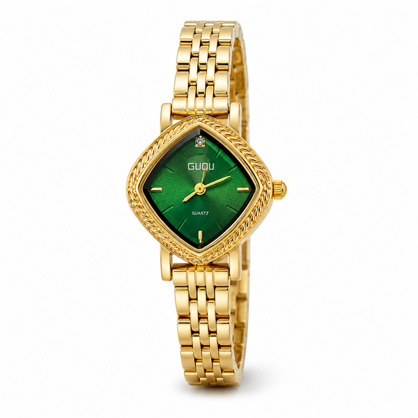 Watches Gold-Tone Cushion Green Dial Crystal Studded Bracelet Watch for Women - House of Viya