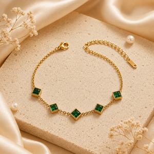 Gold Plated Green Diamond Shaped Rhombus Stone Station Chain Bracelet with Lobster Clasp