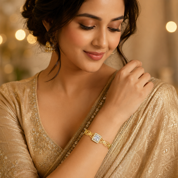 Gold Channel Set Baguette Diamond Oval Kada for Women | Rectangular Stone Row Stainless Steel Ladies Bangle | Premium Design Jewellery - House of Viya