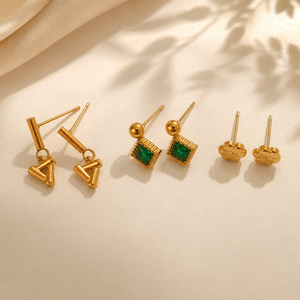 Earrings Open Triangle Drop, Emerald Square & Floral Crown Stud Earrings Set of 3 Pairs