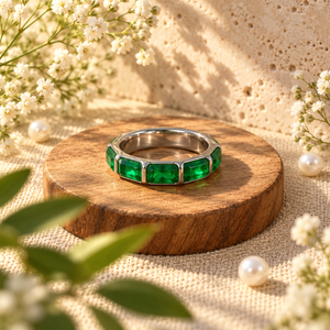 Rings Dual-Tone Polished Green Stone Slim-Band Ring