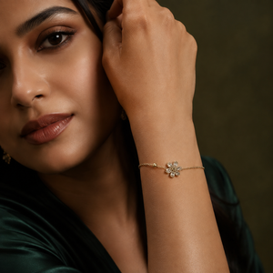 Gold Plated White Stone Studded Floral Flower Charm Delicate Chain Bracelet with Lobster Clasp