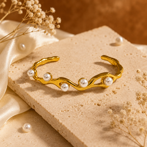 Kadas Gold-Tone Open Kada with Pearl-Accented Twisted Design for Women