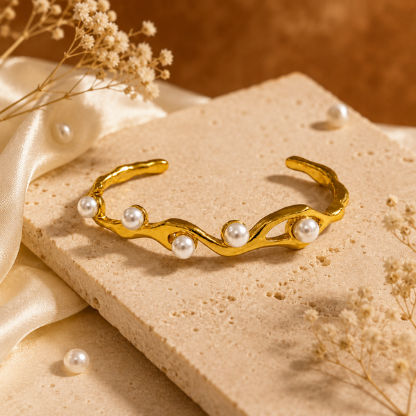 Kadas Gold-Tone Open Kada with Pearl-Accented Twisted Design for Women - House of Viya