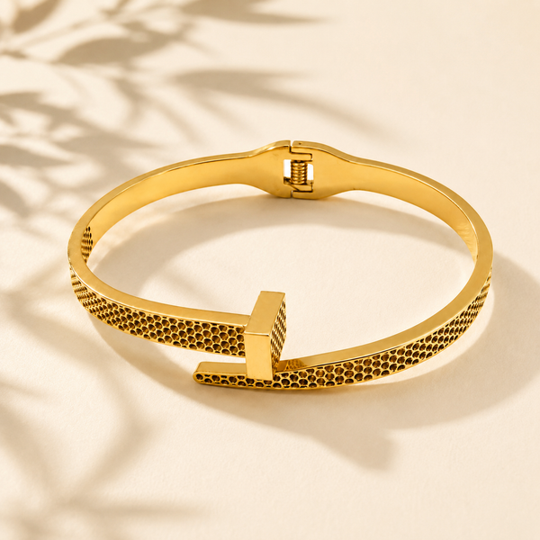 Gold Honeycomb Diamond Oval Kada for Women | Hexagonal Stone Pattern Stainless Steel Ladies Bangle | Geometric Luxury Jewellery - House of Viya