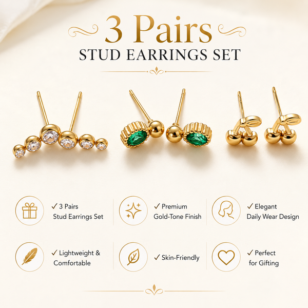 Earrings Pearl Bead Bar, Emerald Oval Halo & Gold Cluster Ball Stud Earrings Set of 3 Pairs
