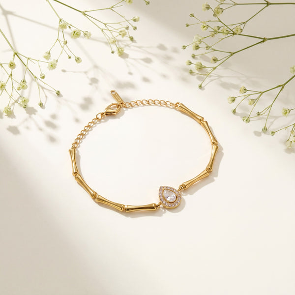Gold Plated Bamboo Bar Link Bracelet with Side Oval White Stone Halo Accent and Lobster Clasp - House of Viya