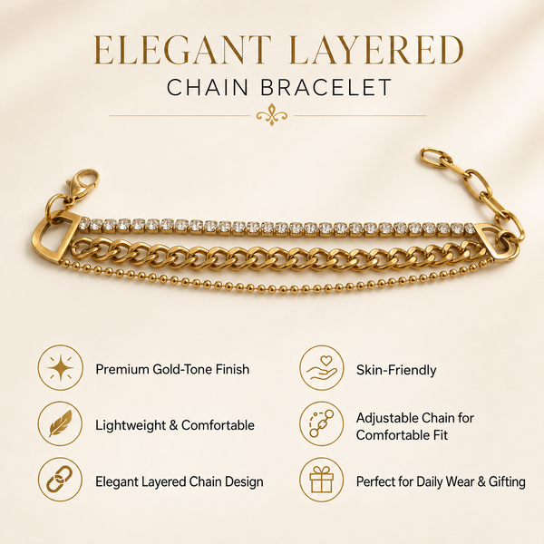 Gold Plated Triple Strand Bracelet with Curb Chain Center and Pave White Stone Side Chains - House of Viya