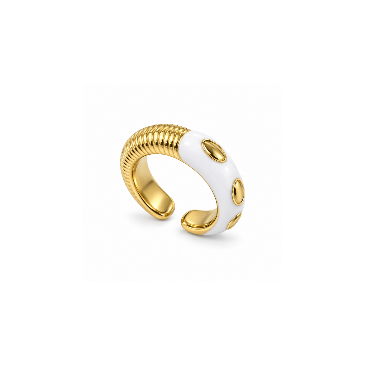 Rings Dual-White Enamel Gold Ribbed Cuff Ring
