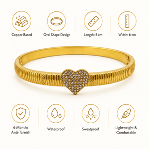 Gold Ribbed Grooved Band Single Heart Diamond Kada for Women | Striated Center Stone Stainless Steel Ladies Bangle | Elegant Festive Jewellery