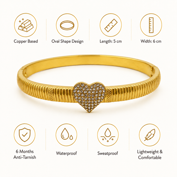 Gold Ribbed Grooved Band Single Heart Diamond Kada for Women | Striated Center Stone Stainless Steel Ladies Bangle | Elegant Festive Jewellery - House of Viya