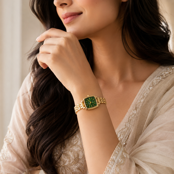 Watches Gold-Tone Square Green Dial Woven Mesh Bracelet Watch for Women - House of Viya