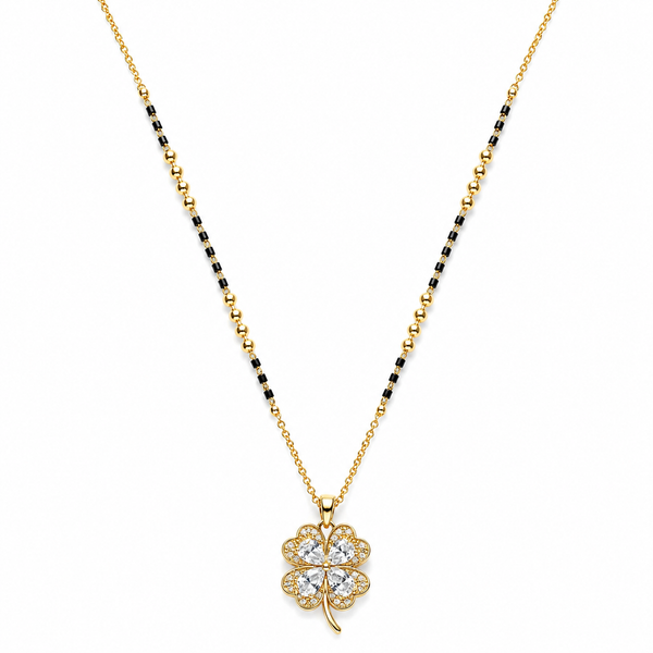 KZ Gold Plated 4 Leaf Clover CZ Mangalsutra for Women Black Bead Chain with White Stone Pendant FS - House of Viya