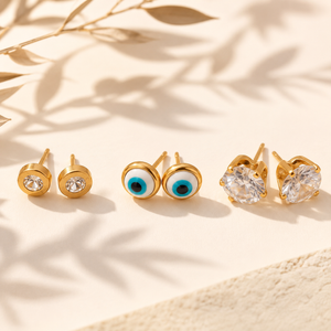 Earrings Emerald Clover, Floral Drop Hoop & Gold Mini Clover Stud Earrings Set of 3 Pairs