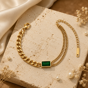 Gold Plated Cuban Curb Chain Bracelet with Rectangular Bezel Set Green Stone Centrepiece and Lobster Clasp
