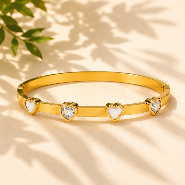 Gold Heart Shape Diamond Oval Kada for Women | Raised Heart Motif Stainless Steel Ladies Bangle | Romantic Festive Jewellery - House of Viya