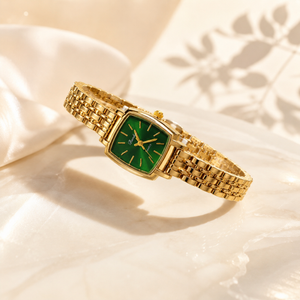 Watches Gold-Tone Square Green Dial Woven Mesh Bracelet Watch for Women