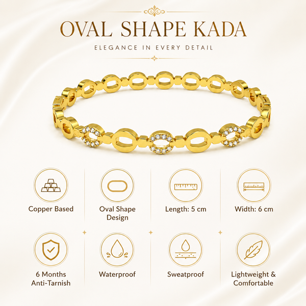Gold Crescent Moon Diamond Oval Kada for Women | Curved Stone Stainless Steel Ladies Bangle | Celestial Festive Jewellery - House of Viya