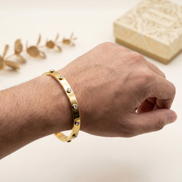 Three Stone Bezel CZ Slim Baby Kada Bangle | Gold Plated Solitaire Trio Bracelet for Women - House of Viya