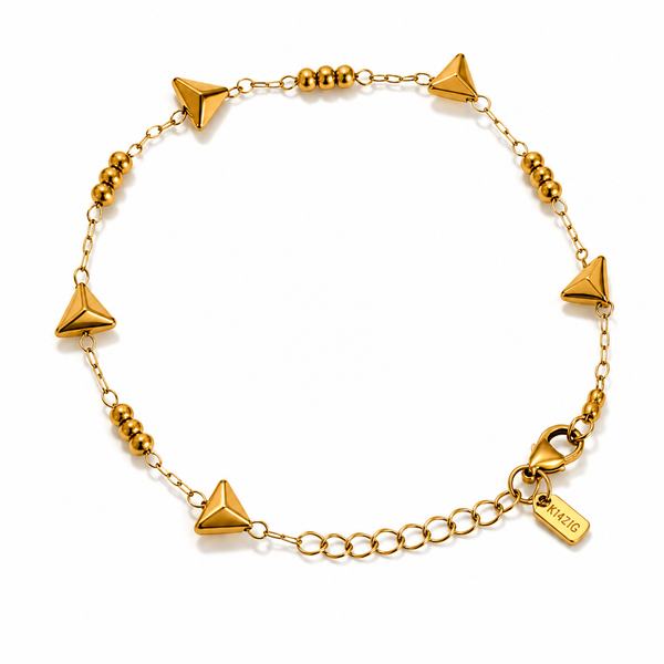 Gold Plated Pyramid Spike Bead Station Delicate Chain Bracelet with Lobster Clasp - House of Viya