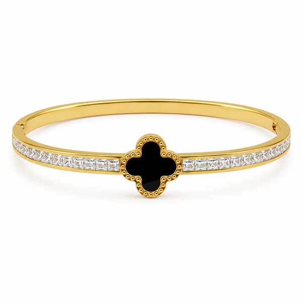 Gold Floral Cluster Diamond Oval Kada for Women | Petal Stone Stainless Steel Ladies Bangle | Flower Design Festive Jewellery - House of Viya
