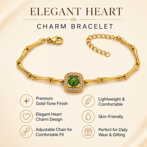 Gold Plated Bamboo Bar Link Bracelet with Rhombus Green Stone Halo Centrepiece and Lobster Clasp