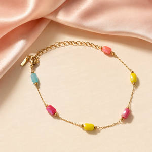 Gold Plated Multi-Colour Oval Stone Bead Station Delicate Chain Bracelet with Lobster Clasp